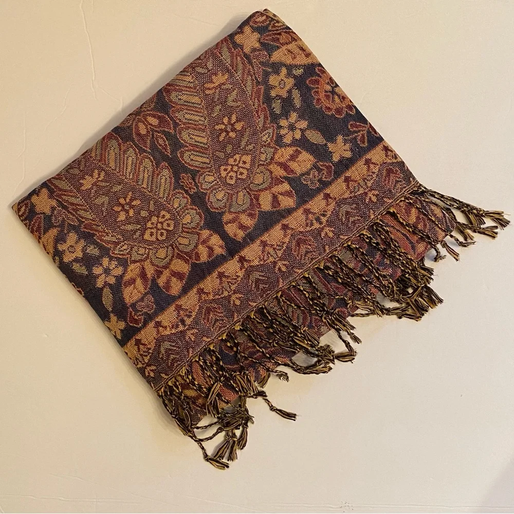 WAVERLY CELEBRATIONS SCARF WRAP PASHMINA BLUE TAN RED FLORAL PAISLEY LARGE